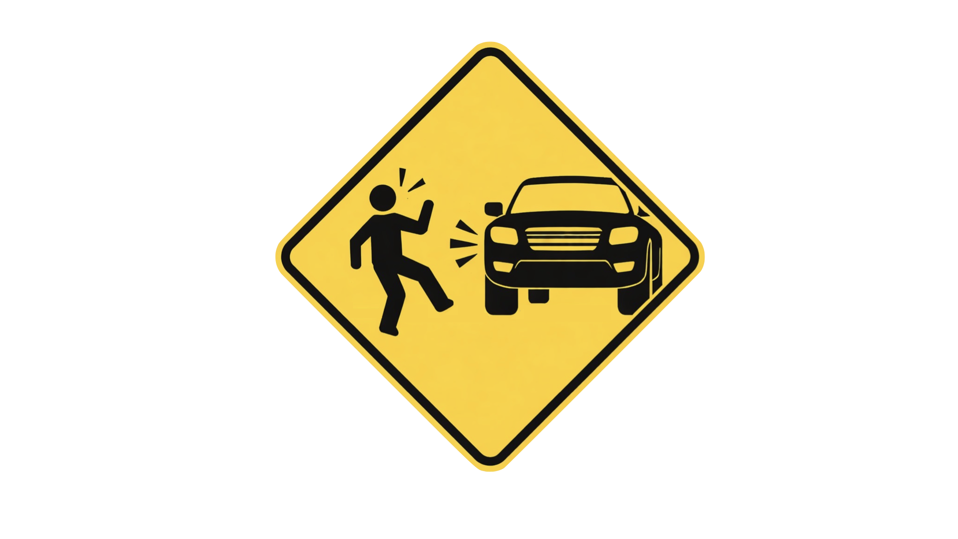 A yellow advisory sign depicts a vehicle encroaching close to a person, the person has to step back.