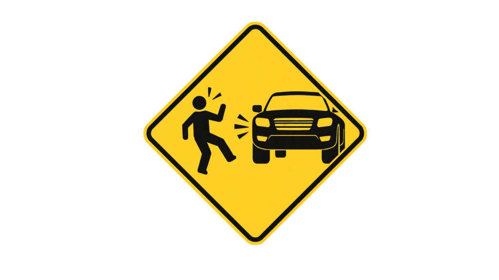 Current image: A yellow advisory sign depicts a vehicle encroaching close to a person, the person has to step back.
