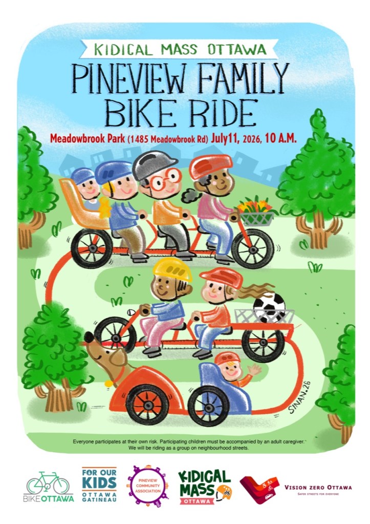 A whimsical chidren's book style drawing of kids riding bikes along a path.